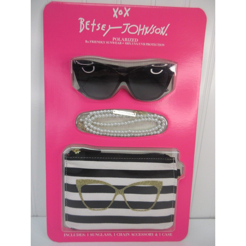 Betsey Johnson Polarized Sunglasses Set 3pc Pearl Chain Striped Case UV NWT